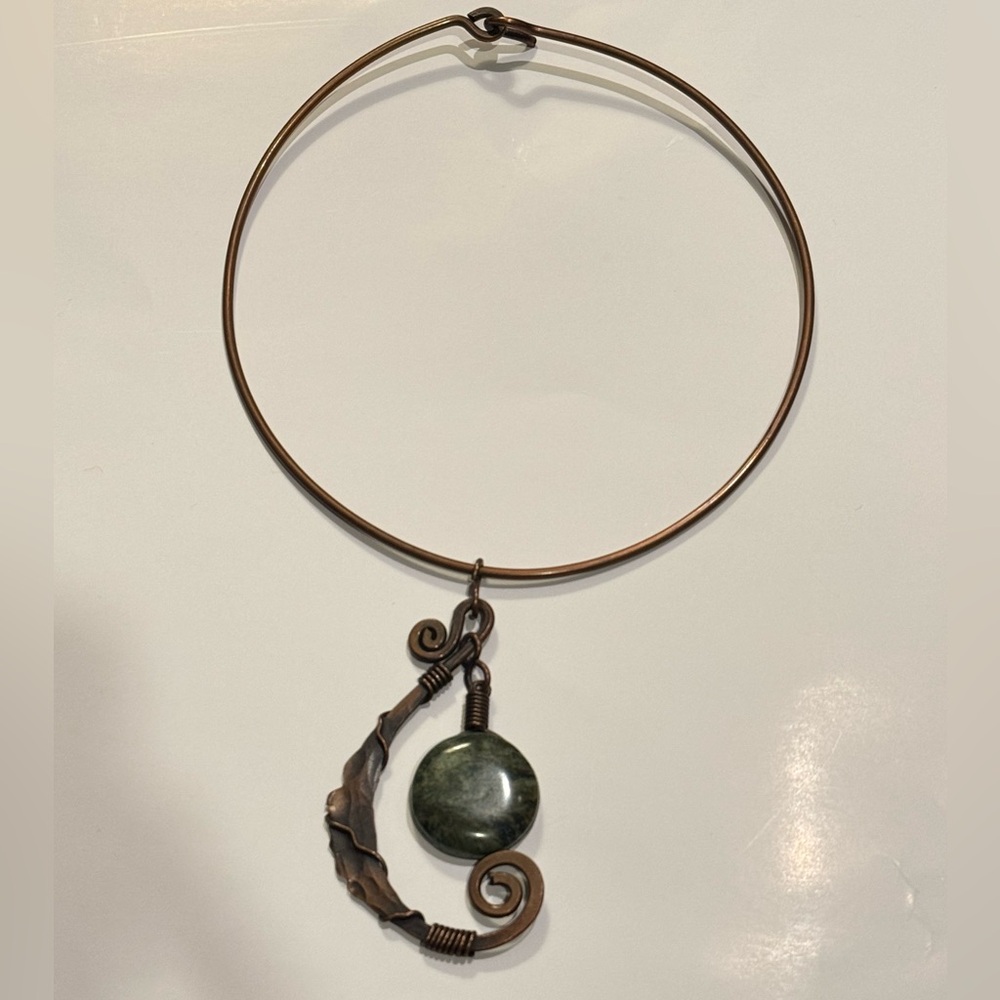 Mexico Artisan Made, Copper Necklace with Jade Stone Pendant and Crescent Moon